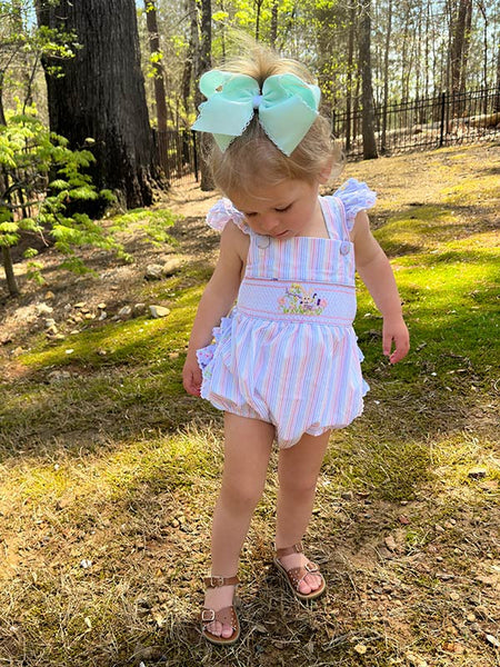 Beautiful Easter Bubble Romper for Baby Girls with Hand Smocking