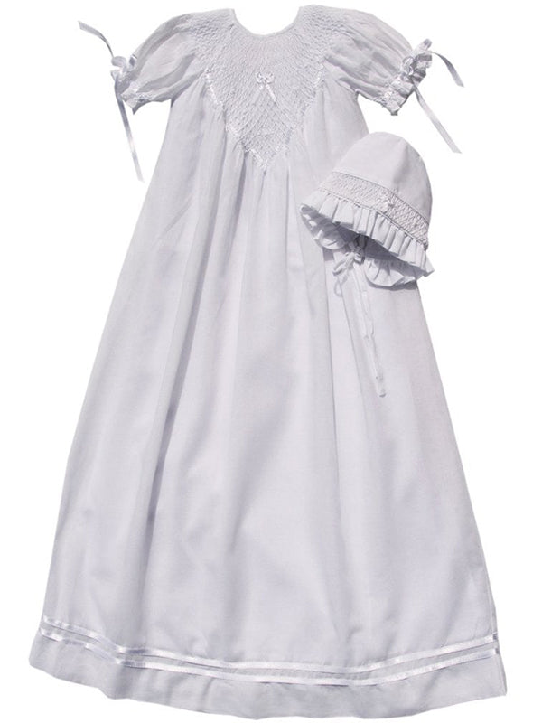 Beautiful and Elegant White Christening Smocked and Embroidered Bishop Gown with Matching Bonnet for Baby Infant Girl