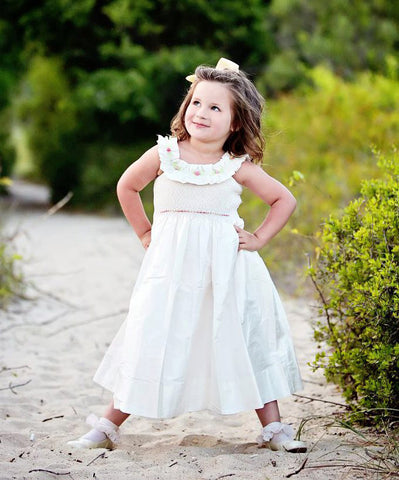 Flower Girls Off White Silk Dress with Smocking for a Special Occasions--Carousel Wear - 1