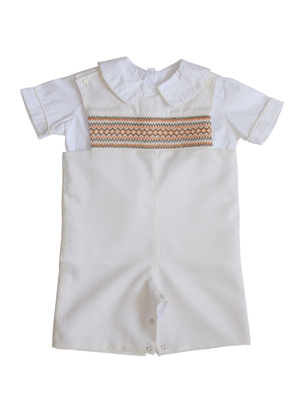 Boys Fall Shortall Romper with Brown and Orange Smocking Ivan 12m--Carousel Wear