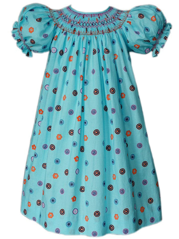 Adorable Fun Turquoise Blue Spring Easter Summer Holiday Smocked and Embroidered Bishop Dress for Girls - Multi Color Polka Dot Flower Floral All Over Print Design