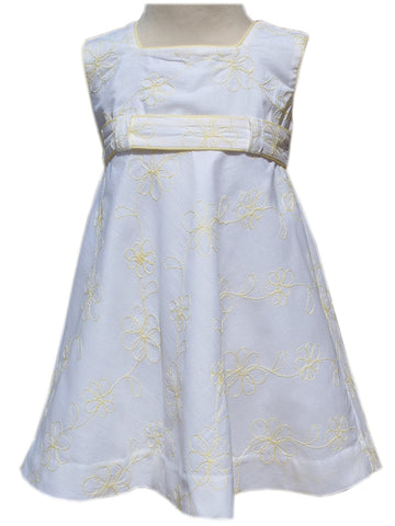 Beautiful White Spring Summer Embroidered Sleeveless Dress for Baby Girls - Light Yellow Flower Floral All Over Embroidery Design