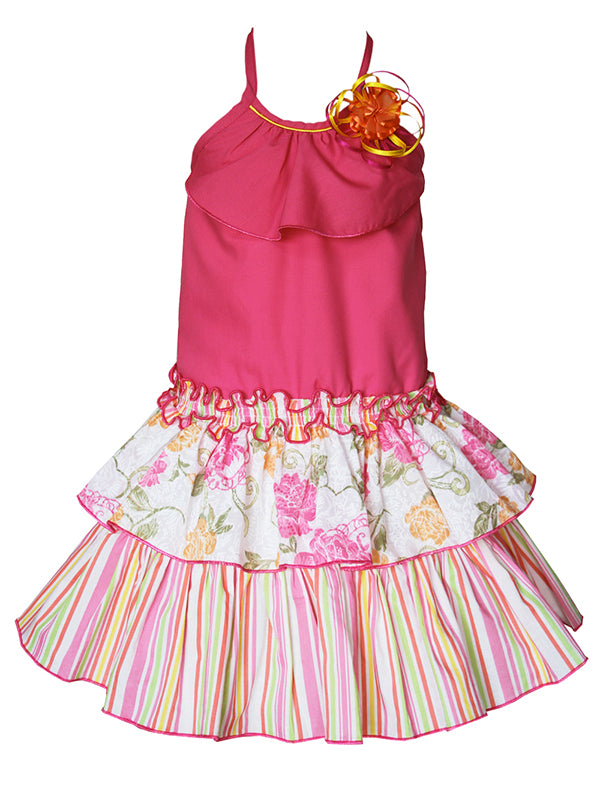 Adorable Fun Pink Spring Easter Summer Beach Holiday Smocked and Embroidered Strap Twirl Ruffled Dress for Girls - Flower Floral Strip all over print design Pink Yellow green orange