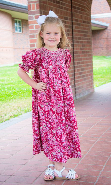 Girls Red Paisley Addison Smocked Bishop Fall Dress--Carousel Wear - 1