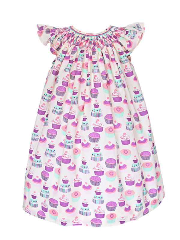 adorable fun purple pink cupcake happy birthday holiday occasion smocked and embroidered bishop dress for girls