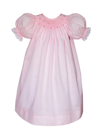 Adorable Light Pink Spring Easter Holiday Smocked and Embroidered Lace Bishop Dress for girls