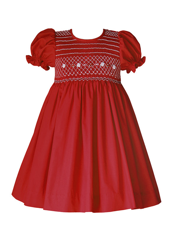 Beautiful Elegant Red Christmas Winter Holiday Smocked and Embroidered Classic Dress for Girls