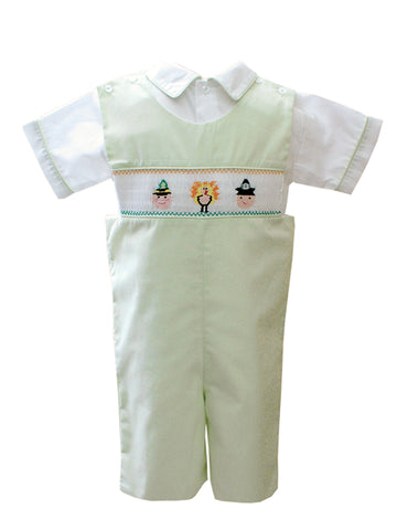 Adorable Thanksgiving Fall Holiday Smocked and Embroidered Overall Pants for Boys - Pilgrim and Turkey Embroidery Design