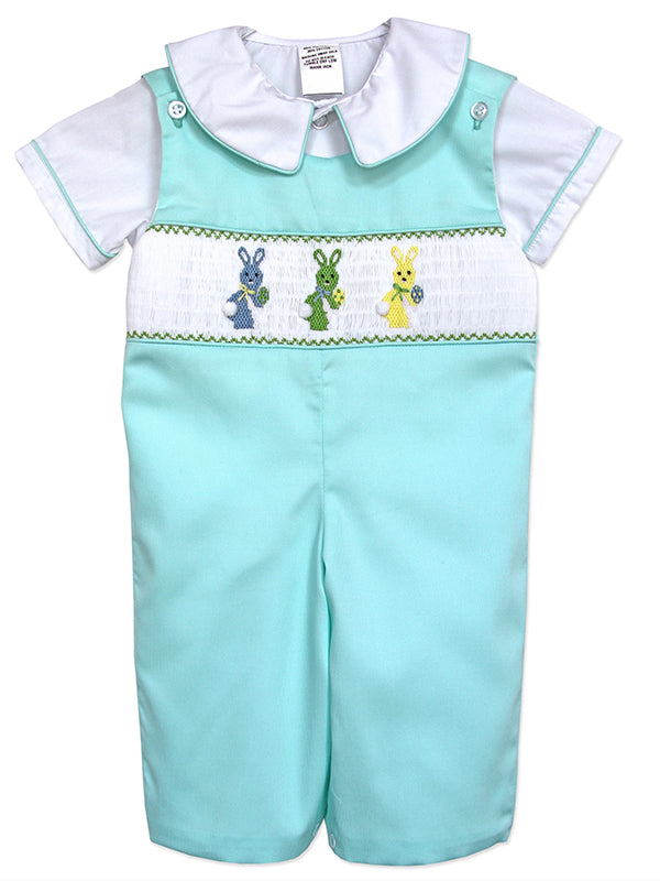 Adorable Turquoise Blue Spring Easter Smocked and Embroidered Long Overall Pants for Baby Boys - Multi Color Easter Bunny Embroidery Design