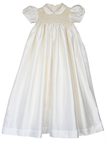 Beautiful Classic White Ivory Silk Christening Baptism Holiday Smocked and Embroidered Peter Pan Collar Dress Gown for Baby Girls with Puff Sleeves