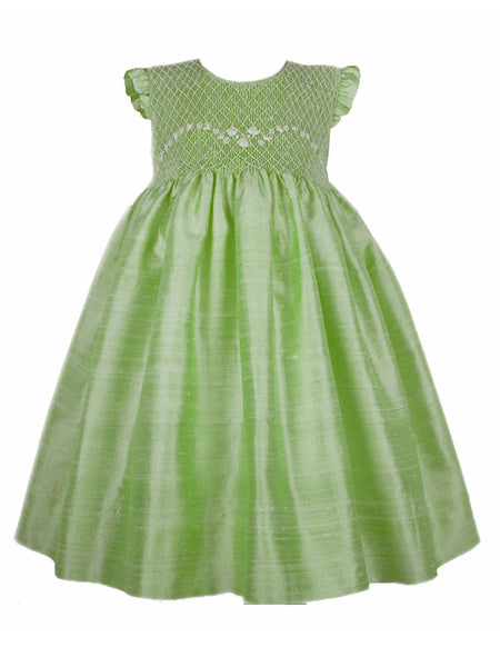 Apple Green Silk Hand Smocked Baby Girls Dress Apple Green Silk Hand Smocked Baby Girls Dress