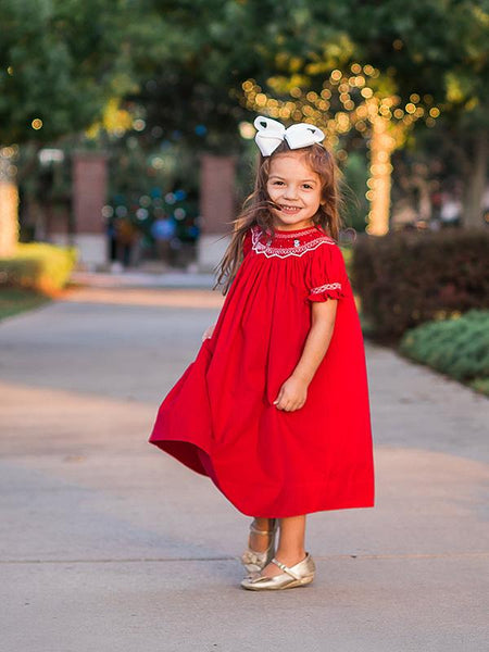Smocked Snowman Red Christmas Girls Dress Bishop Style Smocked Snowman Red Christmas Girls Dress Bishop Style