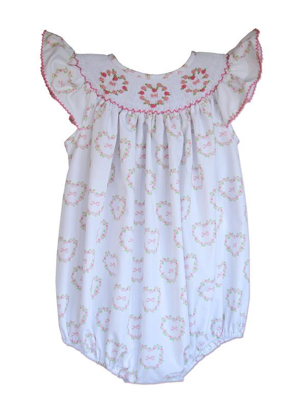 Baby Girls White Bubble with Hand Smocked Pink Hearts