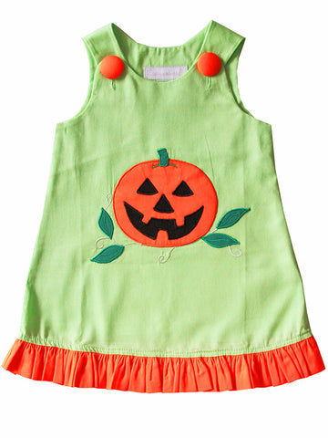 Baby Girls First Halloween Dress - Adorable embroidered pumpkin orange and lime green design 