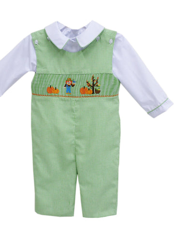 Green Thanksgiving Fall Holiday smocked overall pants boys outfit - Pumpkin and scarecrow embroidery design