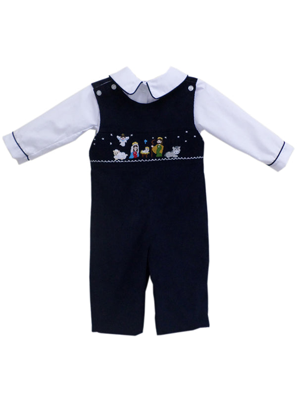 Boys Christmas Winter Navy Blue Longalls With Smocked and Embroidered Nativity Jesus Scene