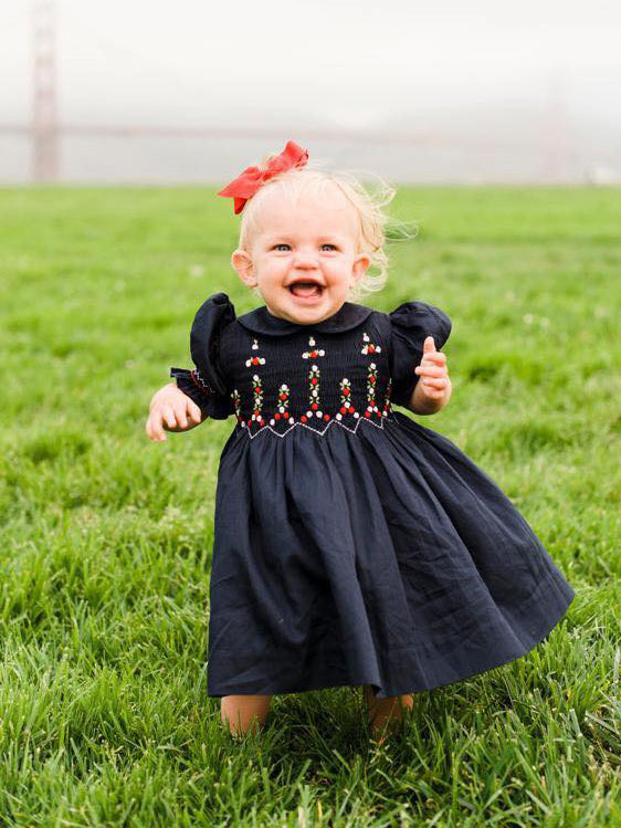 Elegant Hand Smocked Baby Girls Navy Dress