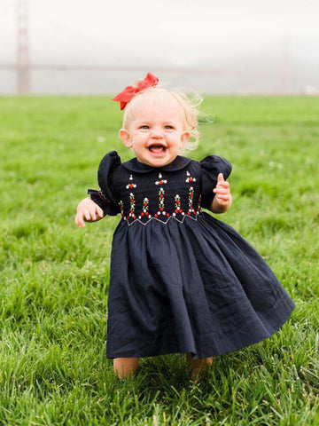 Elegant Hand Smocked Baby Girls Navy Dress 