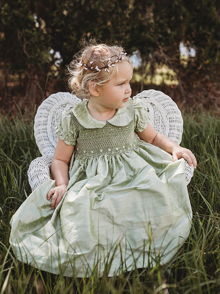 Baby Girls Smocked Green Silk Dupioni Dress Baby Girls Smocked Green Silk Dupioni Dress