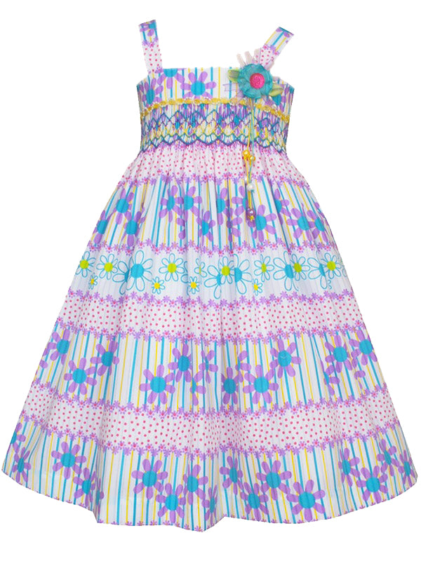 Adorable Fun Multi Color Blue Lavender Purple Spring Easter Summer Holiday Smocked and Embroidered Strap Dress for Girls - Flower Floral Polka Dot All Over Print Design