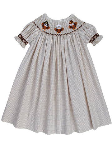 Hand smocked girls Thanksgiving Owls Bishop Dress