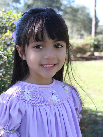 Lavender Girls Easter Bishop Dress with Smocked Bunnies