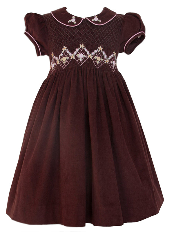 Beautiful Elegant Chocolate Brown Fall Thanksgiving Winter Heirloom Smocked and Embroidered Dress for Girls