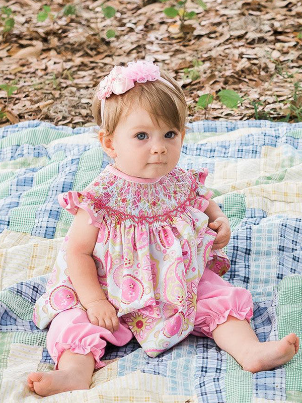 Adorable Baby Light Pink Parsley All over Print Design Smocked Embroidery Bishop Shirt Top - Matching Pink Pants - Girl Dress Outfit Set