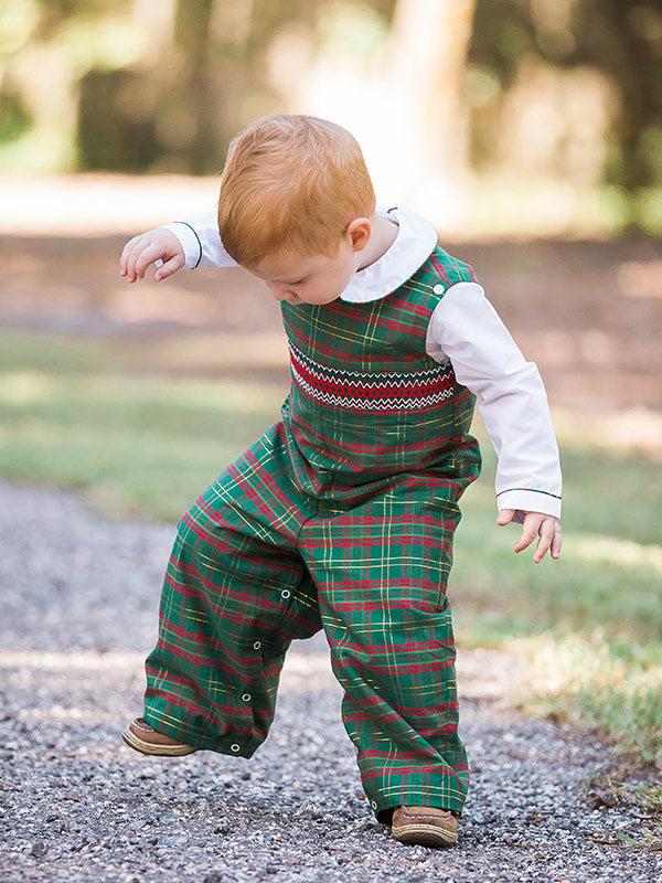 Christmas Green Tartan Boy Smocked Longall Outfit - 2