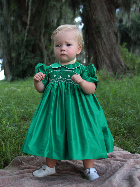 Emerald Green Girls Silk Formal Smocked Dress Emerald Green Girls Silk Formal Smocked Dress
