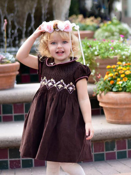 dark brown toddler dress Fall Winter Heirloom Smocked Brown Dress for Girls