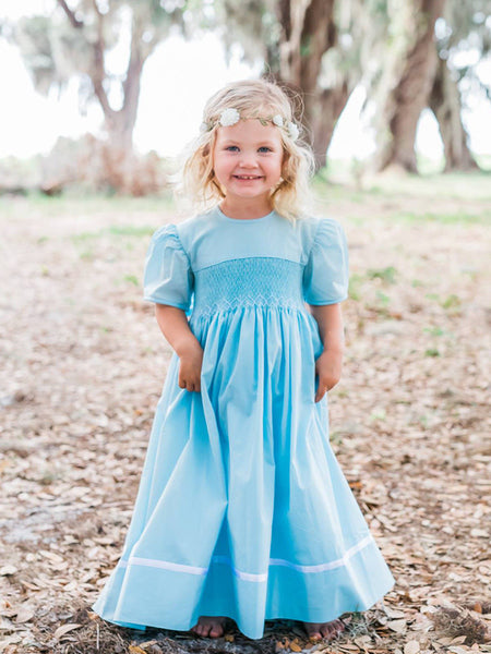Girls Smocked Blue Heirloom Ribbon Dress Girls Smocked Blue Heirloom Ribbon Dress