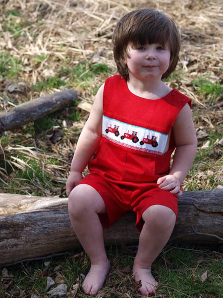 Baby Boys Smocked Red Tractor Shortall Jon Jon