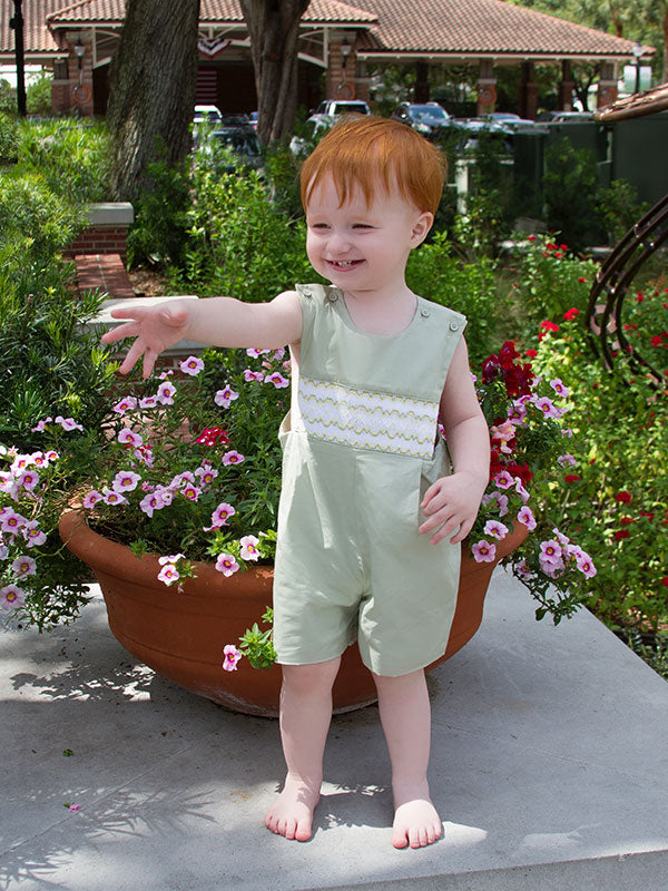 Boy's Hand Smocked Olive Green Summer Shortalls