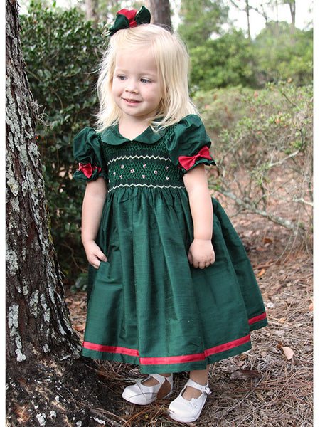 Green Silk Girls Smocked Dress with Red Ribbons 5 Green Silk Girls Smocked Dress with Red Ribbons 5