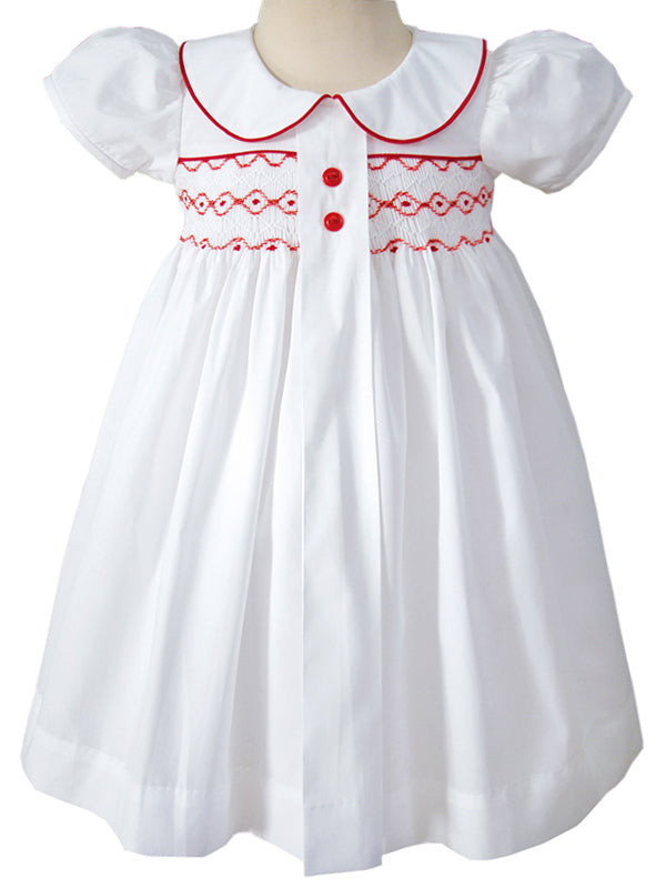 Baby Girls White Smocked Dress with Red Smocking
