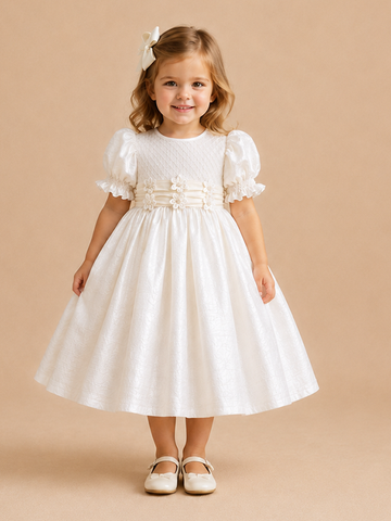 Baby girl in heirloom ivory silk dress with hand smocking and organza sash