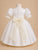 Baby girl in heirloom ivory silk dress with hand smocking and organza sash baptism dress 