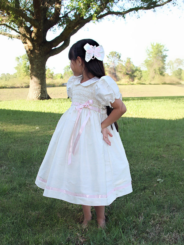 Flower Girls White Silk Dress Hand Smocked
