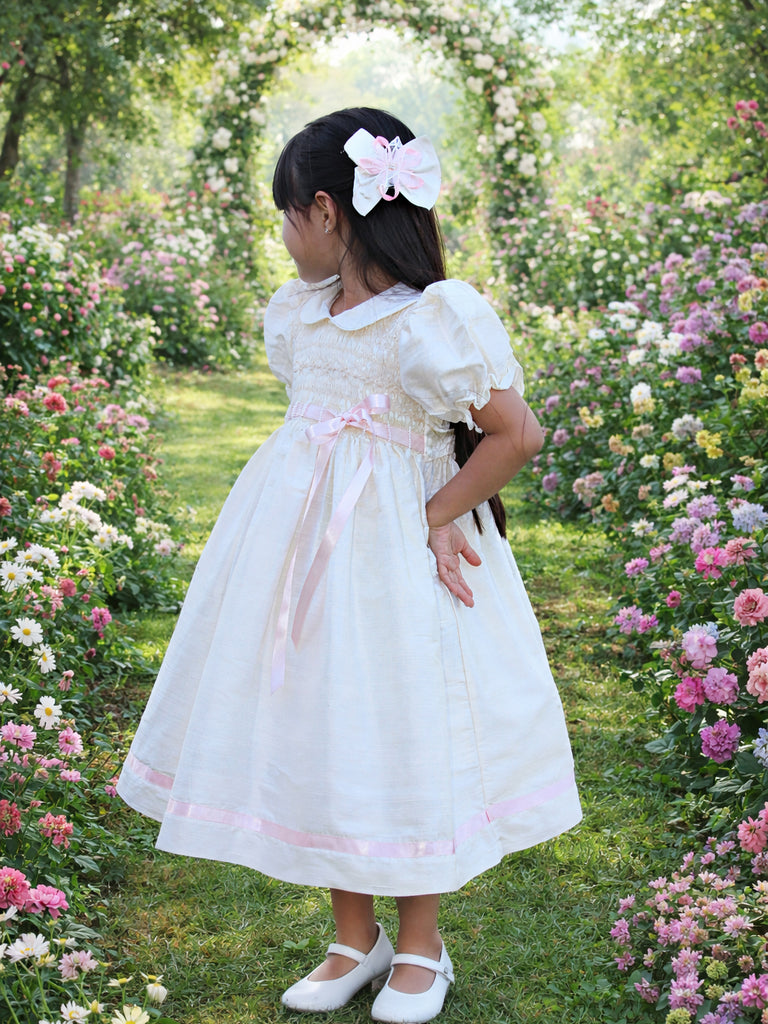 Flower Girls White Silk Dress Hand Smocked