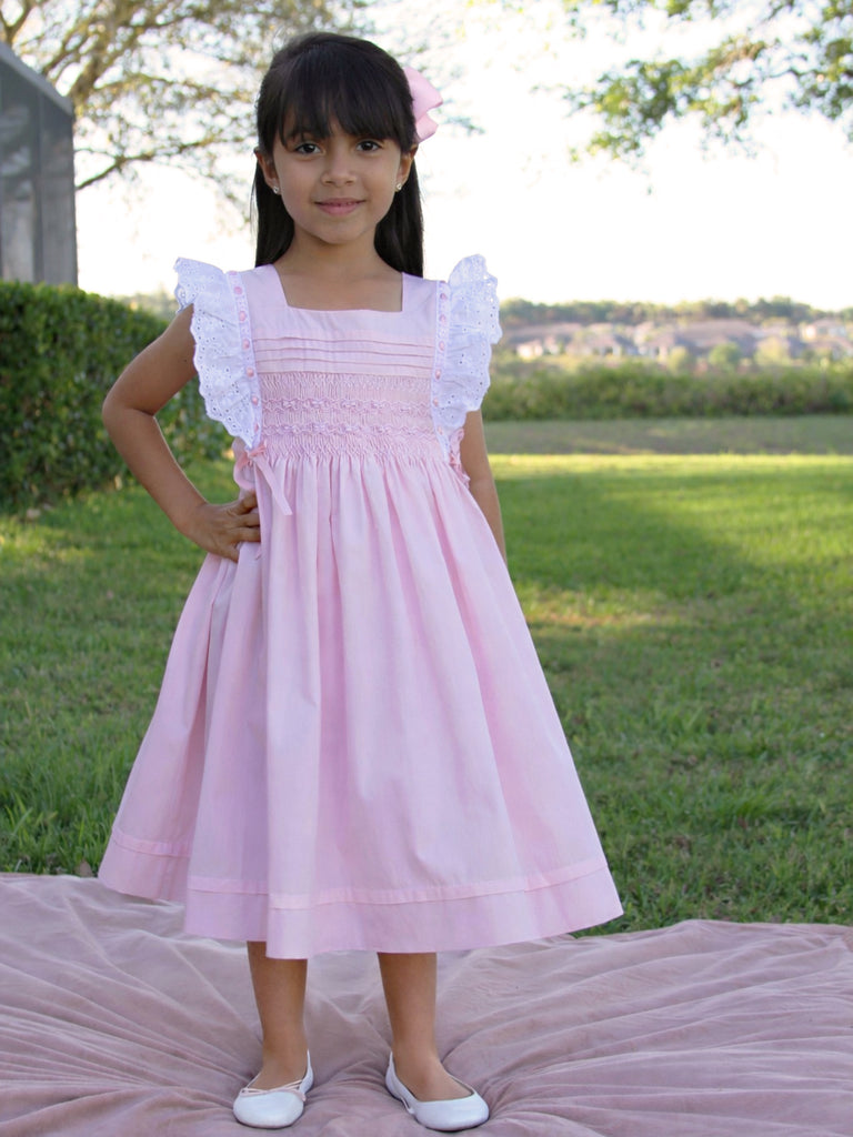 Girls PINK Pinafore Hand Smocked Summer Dress with Lace