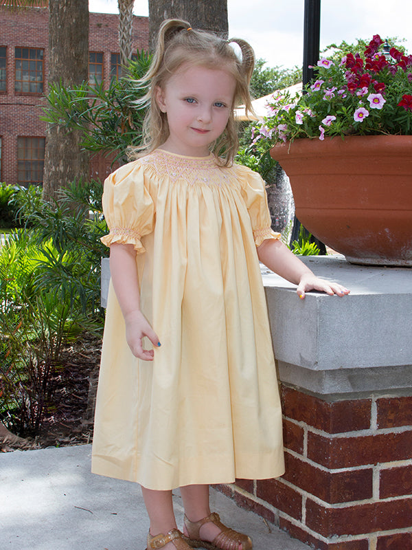 Girls Yellow Bishop Dress with Smocked Pink Hearts - Main Image