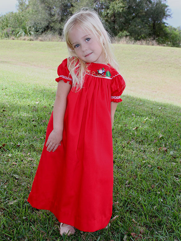 Girls Red Christmas Bishop Dress with Smocked Santa and Sleigh Girls Red Christmas Bishop Dress with Smocked Santa and Sleigh