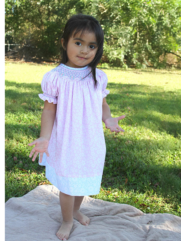 Blue Pink Floral Hand Smocked Girls Bishop Dress for Easter