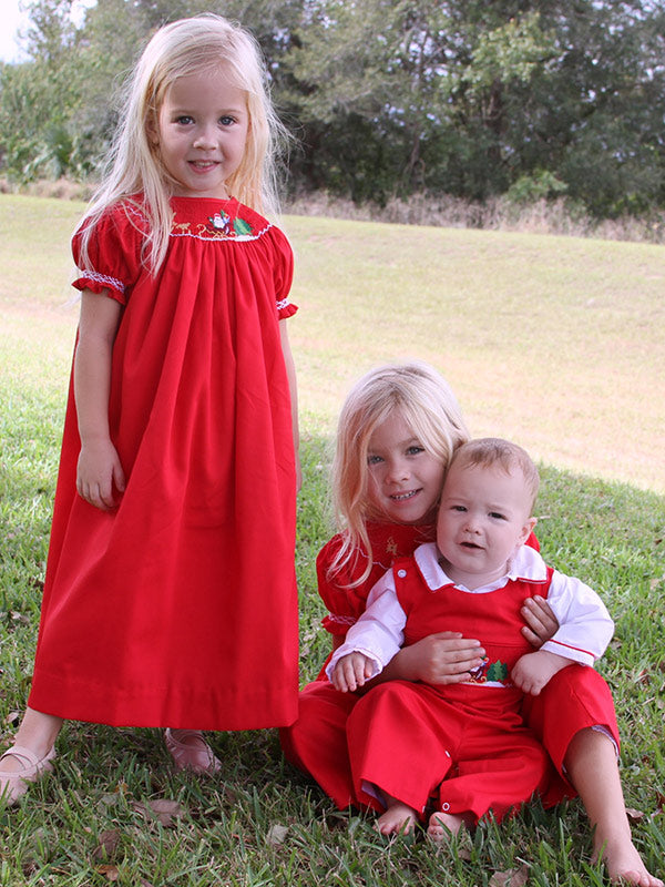 Girls Red Christmas Bishop Dress with Smocked Santa and Sleigh