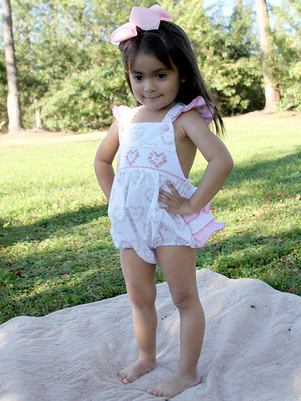 Baby Girls Pink Valentines Heart Smocked Ruffle Bubble