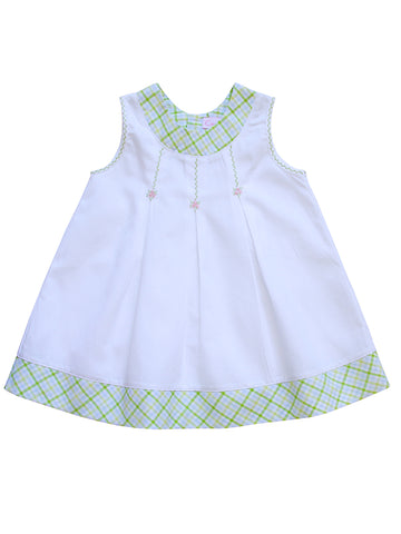 White A-line baby dress with green plaid collar trim, delicate pink rose bud embroidery, and matching hem trim. Perfect for springtime celebrations
