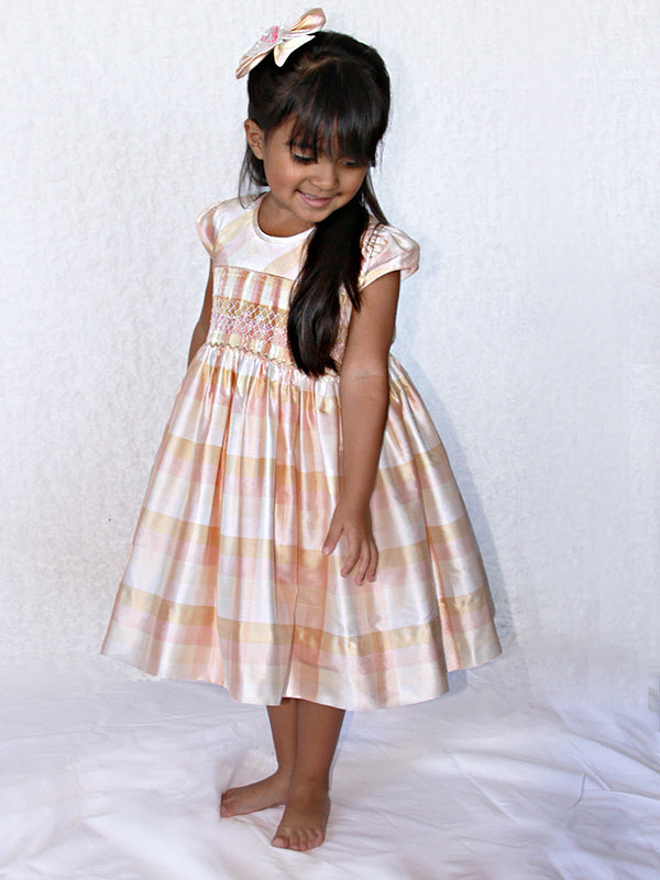 silk shantung dress Hand Smocked Heirloom Girls Silk Dress Pink and Gold Color