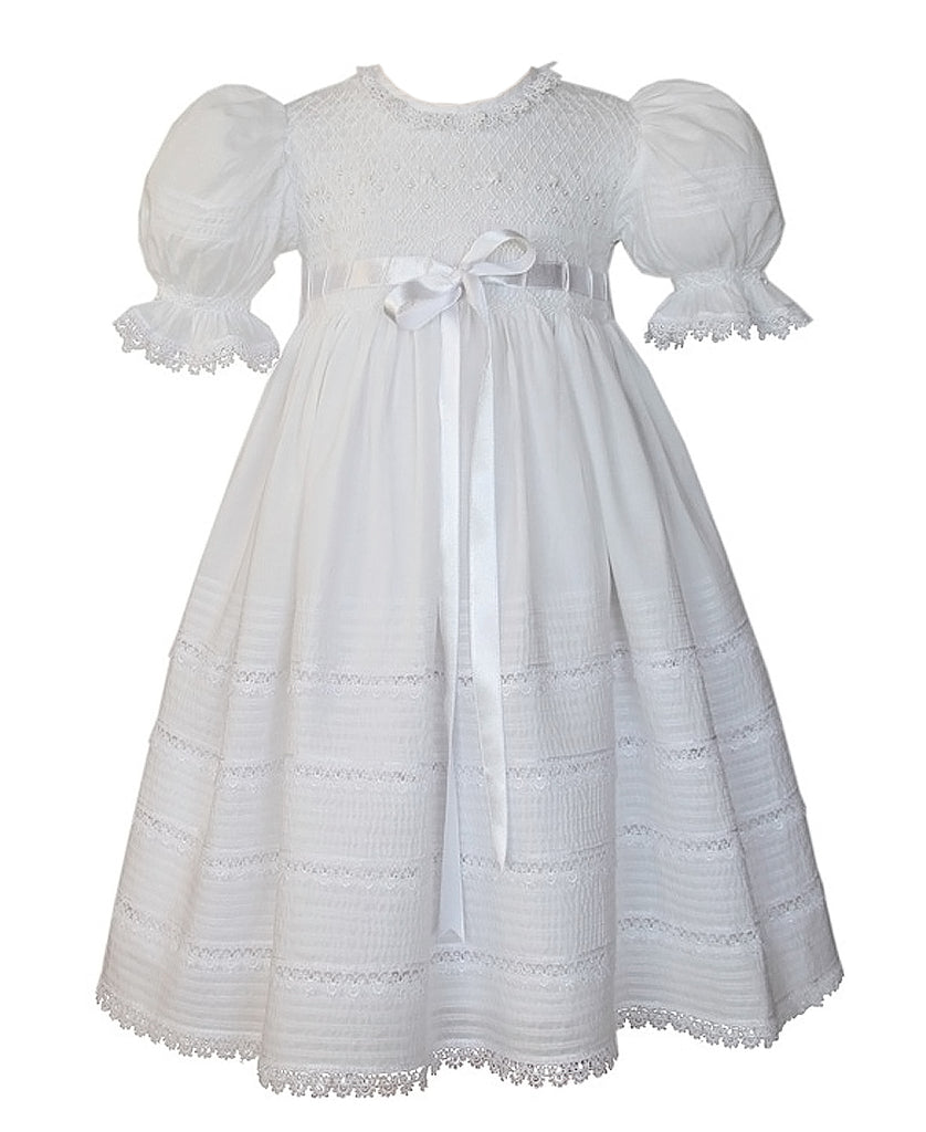 Beautiful Classic White Christening Lace Smocked and Embroidered Victorian Dress for Girls