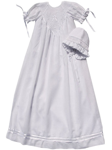 Beautiful and Elegant White Christening Smocked and Embroidered Bishop Gown with Matching Bonnet for Baby Infant Girl